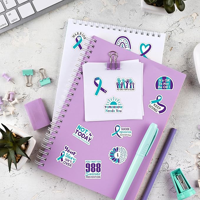 beyumi suicide awareness roll stickers - 1000pcs teal purple ribbon stickers in 2 rolls waterproof vinyl suicide prevention awareness decals campaigns laptop bottle notebook luggage decor kids teens