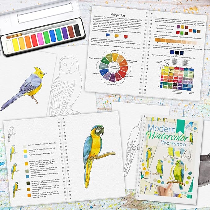 Watercolor Workbook, Watercolor Workbook Paint Book Beginner Friendly with 12 Patterns, Beginner-Friendly Watercolor Workbooks with 12 Paint Colors & Brush, Water Color Paint Set, Valentine's Day Gift