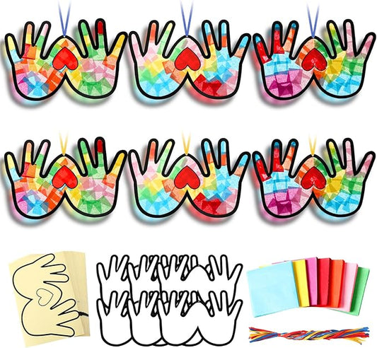 Yaomiao 30 Set Mother's Day Crafts Heart Handprint Suncatchers Paper Crafts Kit DIY Stained Glass Kit Effect Tissue Paper Hanging Suncatchers for Mother's Day Home Birthday Party Favors Gifts