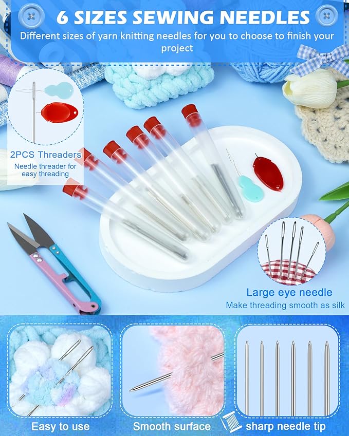 FIVEIZERO 60 PCS Steel Needles for Hand Sewing, Large Eye Sewing Needles Set with 6 Sizes, Stainless Steel Hand Quilting & Leather Embroidery Needles Includes Threaders for Arts & Crafts