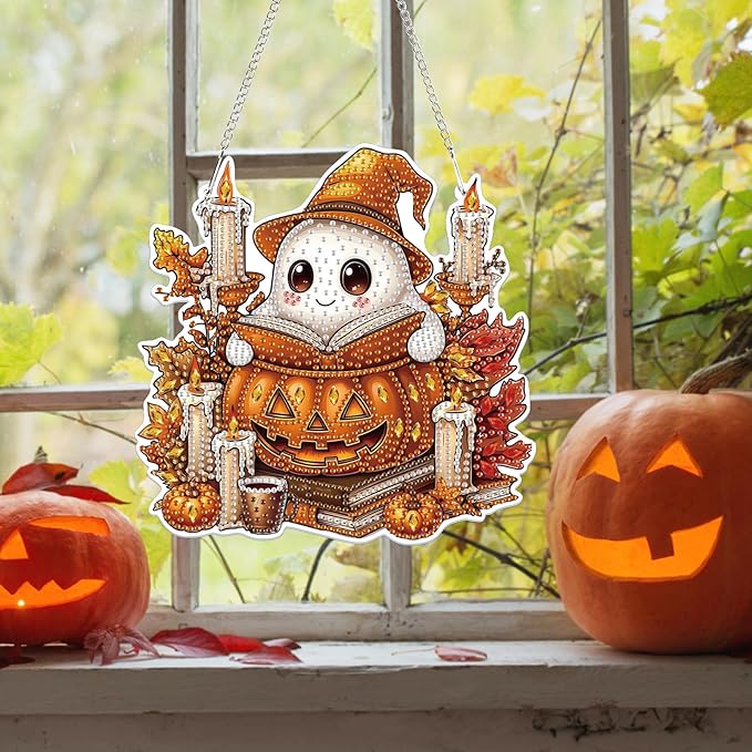 Bowetile Halloween Diamond Art Hanging Kits for Adults, Ghost Diamond Art Suncatchers, 5D Special Shape Diamond Painting Pendant Window Ornament Halloween Gifts for Home Door Wall Decor