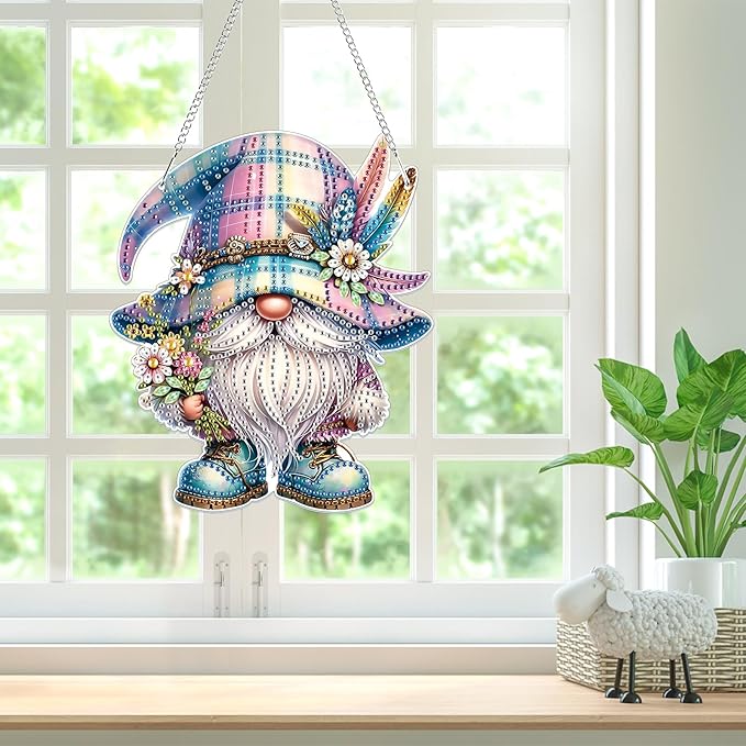 Bowetile Gnome Diamond Art Hanging Kits for Adults, 5D Special Shape Diamond Painting Pendant Kits, Animal Gem Art Suncatchers Painting Ornament for Home Garden Wall Decor
