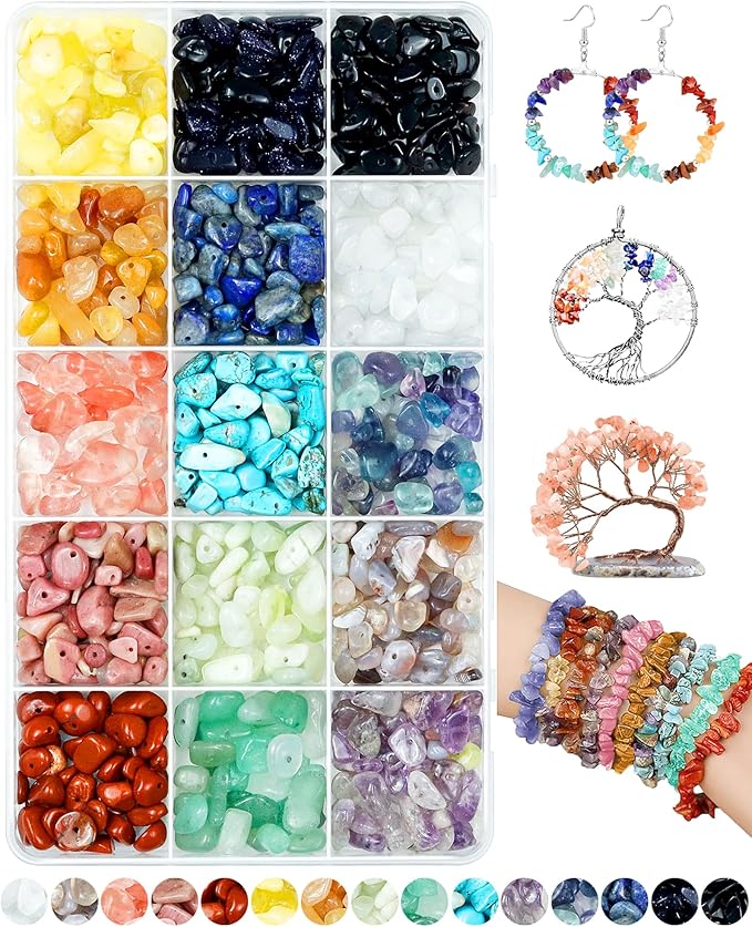 FIVEIZERO 600pcs Natural Chip Stone Beads 5-8mm - 15 Color Crystal Chip Beads for Jewelry Making, Valentine's Day Bracelet,DIY Irregular Gemstone Beads with Drilled Holes