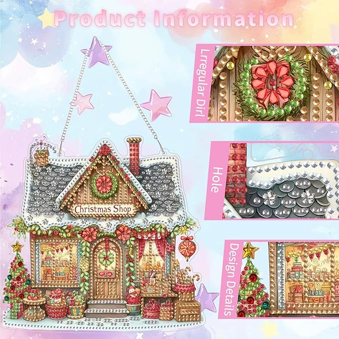 Christmas Shop Diamond Art Kits for Adults, DIY Pendant Diamond Painting Kits for Beginners, 5D Special Shape Full Drill Hanging Diamond Gem Art Painting Kits for Window Suncatchers for Home Decor