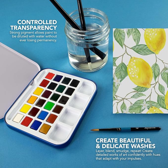Daler Rowney Aquafine 24-pc Watercolor Travel Set - Watercolor Paint Set for Watercolor Paper and More - Watercolor Set for Artists and Students - Water Color Paint for All Skill Levels