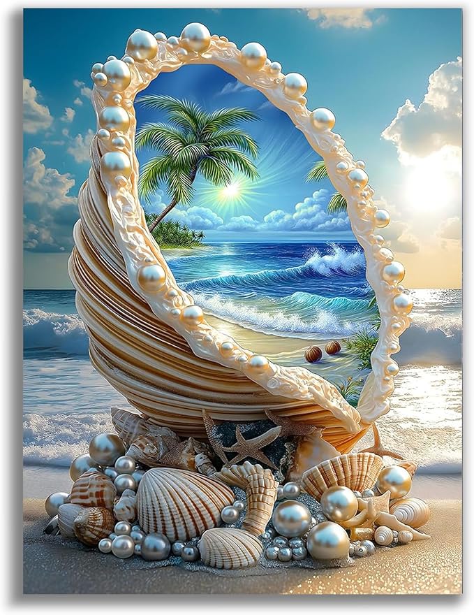 Gemozaic Beach Diamond Painting Kits for Adults, Seaside Shell Diamond Art Kits for Adults, Beach Gem Painting Kit for Gift Home Wall Decor, 12x16 Inch