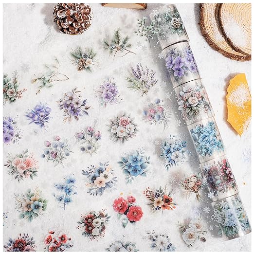 Winter PET Tape Stickers for Journaling Supplies, 6 Rolls Flower Snowflakes Scrapbook Stickers for Scrapbooking, Junk Journal Supplies, DIY Crafts, Plannner (Blossom)
