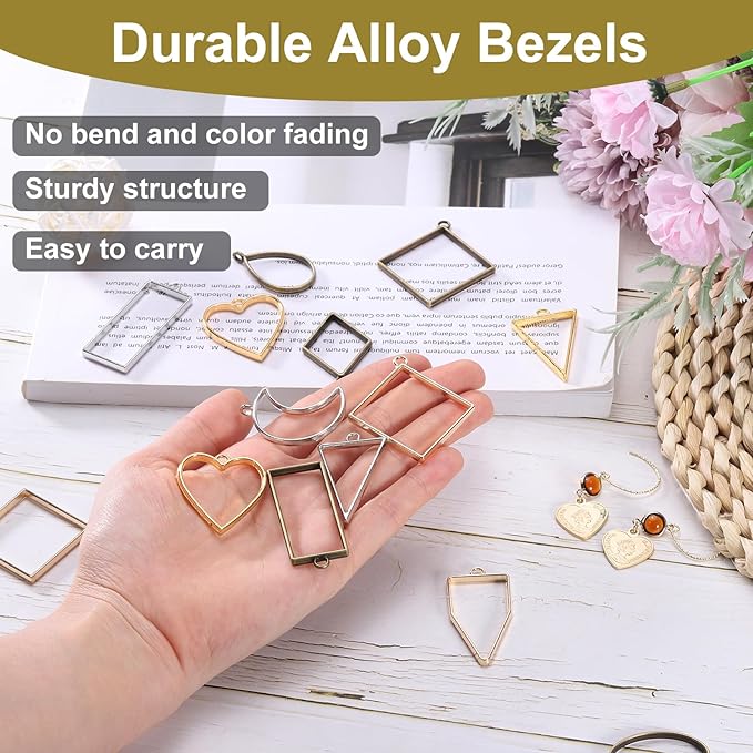 uxcell 60Pcs Alloy Open Bezel Pendants, Diamond Shape Hollow Frame Pendant Geometric Open Back Frame Pendant for Resin Jewelry Making Earrings Necklace Bracelet DIY, Silver Tone