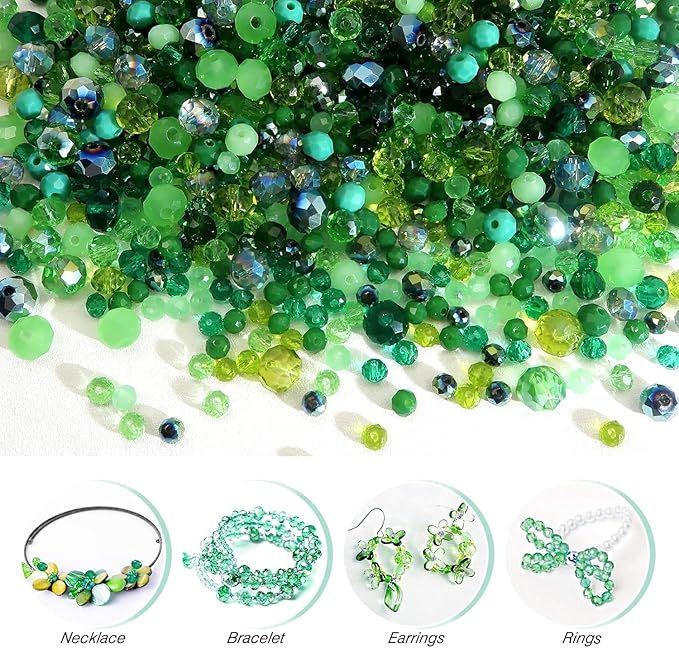 1000 Pcs Rondelle Faceted Glass Beads Crystal Glass Beads for Jewelry Making 4/6/8mm Faceted Briolette Rondelle Bead with Container for Earrings,Necklaces,DIY Beading Projects (Green)