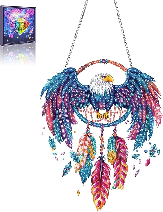 Wergund 5D DIY Eagle Diamond Art Hanging Kits, Hanging Diamond Art Dream Catcher, Acrylic Special Shaped Rhinestone, Window Hanging Pendants for Home Wall Garden Front Door Outdoor Decor Gift(Eagle)