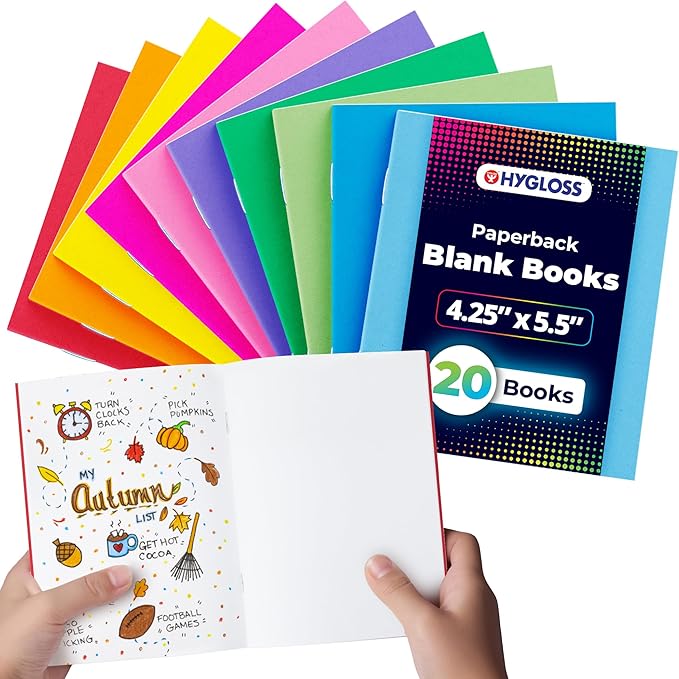 hygloss blank books - bulk 20 pack – 4.25" x 5.5" a6 assorted colors – paperback blank books for kids to write stories, doodle art – plain drawing sketchbook, unlined journal, notebook without lines