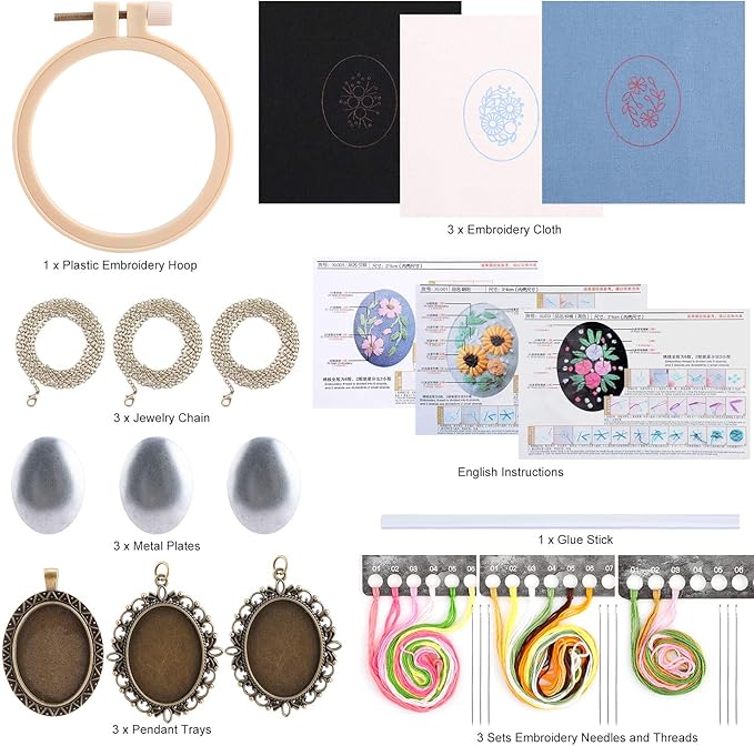 MWOOT 3 Pack Pendant Embroidery Starter Kit for Beginners,Retro Necklace Series Cross Stitch Tools for Necklace & Earrings & Hand Sewing Jewelry & Creative Gifts,Style A