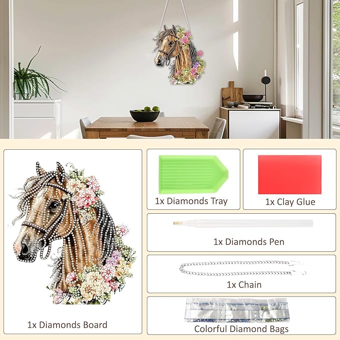SENQAO Horse Hanging Diamond Art Painting Kits for Adults Beginners, 5D Special Shape Diamond Art Kits, Flower Crystal Rhinestones Diamond Gem Art Painting for Home Garden Wall Decor