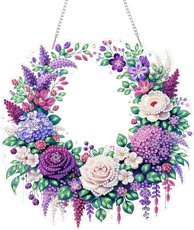 Aeepics Hanging Diamond Art Kit for Adult, DIY Diamonds Painting Pendant Ornament Kit, Acrylic Diamond Art Painting Board Kit (Purple Flower Wreath)