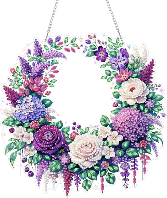 Aeepics Hanging Diamond Art Kit for Adult, DIY Diamonds Painting Pendant Ornament Kit, Acrylic Diamond Art Painting Board Kit (Purple Flower Wreath)