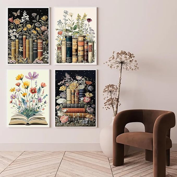 EIBEILI 4 Pack Book Flower Diamond Art Kits for Adults, Book 5D Diamond Painting Kits for Beginner DIY Gem Art Full Drill Diamond Dots Crystal Craft Kits for Home Wall Decor Gifts 12x12inch