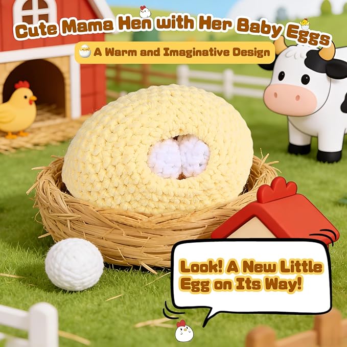 Coopay Crochet Kit for Beginners, Egg-Laying Mama Hen, Easy Chicken Crochet Kit with Step-by-Step Video Tutorial, Cute Crochet Animals Kit for Adults, Easter Gifts, Chenille Yarn, 1 Chicken+3 Eggs
