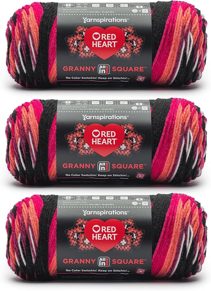 Red Heart All in One Granny Square Black -Carnation Code Yarn - 3 Pack of 250g/8.8oz - 100% Acrylic - #4 Worsted (Medium) - 381m/417Yards - for Knitting, Crochet and Amigurumi