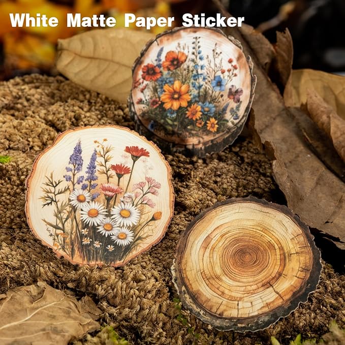 Nature Wood Slice Sticker Set, 120PCS Vintage Designs with Flowers, Moss, Logs and Botanical Elements for Journaling, Scrapbooking and Crafts