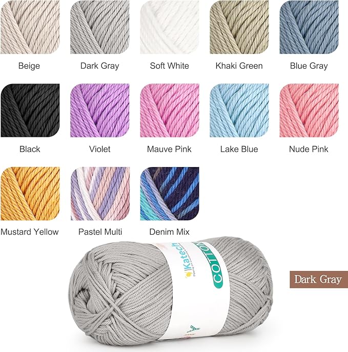 Katech Pure Cotton Yarn for Crocheting & Knitting–Soft Sport Weight CYC #2, 6 Skeins (50g Each, 300g Total), Ideal Crochet Yarn for Dishcloths, Baby Clothes, Socks, Lightweight Scarves（Light Gray）