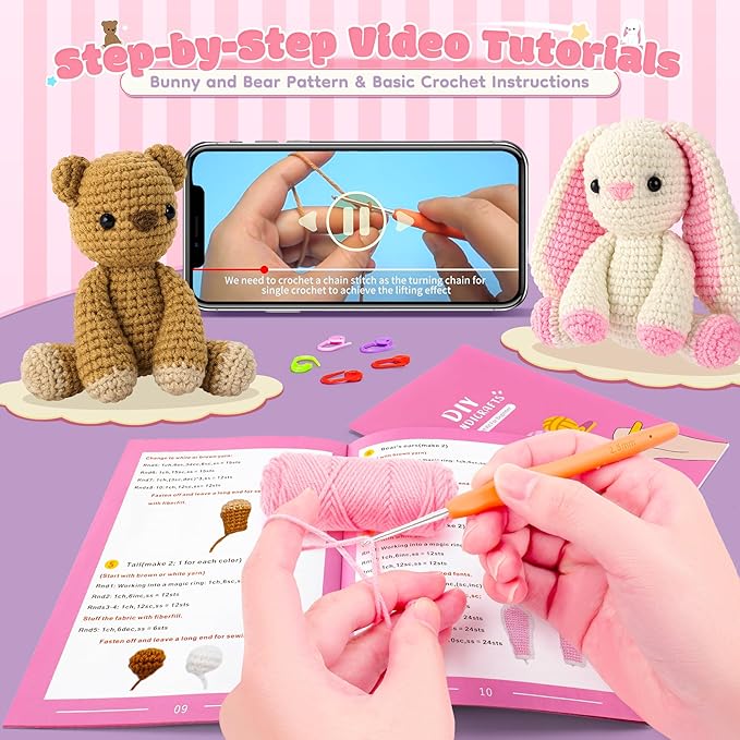 Easter Crochet Kit for Beginners, Bunny and Bear Crochet Kit with Step-by-Step Video Tutorials, Crocheting Kit for Starter, Beginner Crochet Kit for Adult, Stuffed Animal Knitting Kit for Birthday