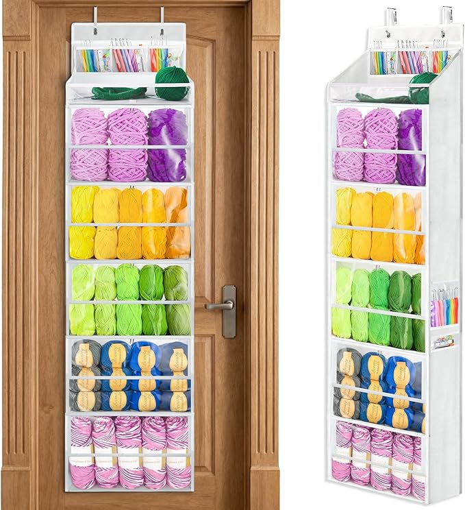 Yarn Storage Organizer, Yarn Holder Over the Door Hanging Crochet Kit Storage with 5 Zippered Compartments, Large Capacity Sewing Organizer Gifts for Knitters Needles Storage Crochet Hooks
