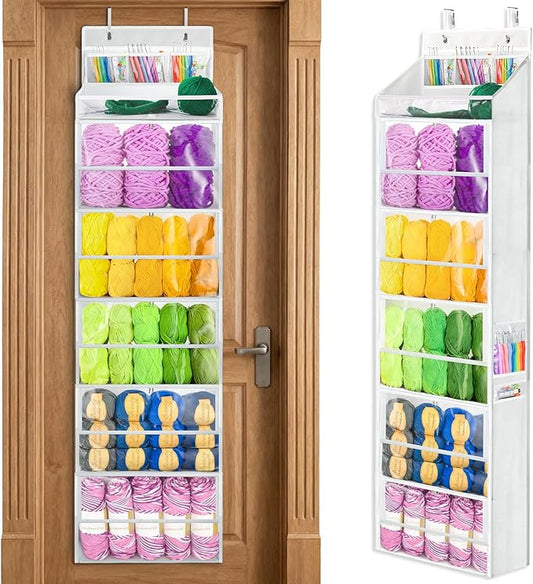 Yarn Storage Organizer, Yarn Holder Over the Door Hanging Crochet Kit Storage with 5 Zippered Compartments, Large Capacity Sewing Organizer Gifts for Knitters Needles Storage Crochet Hooks