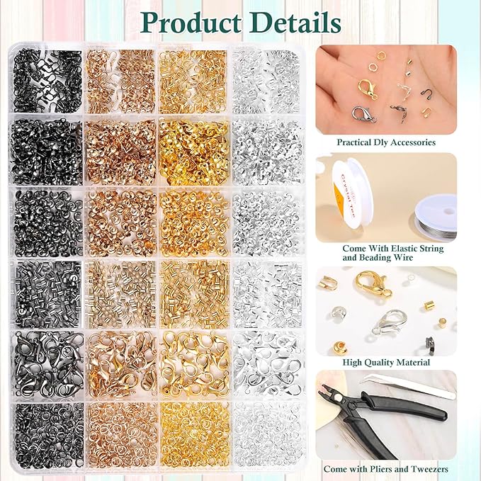 Acejoz 2160 Pieces Crimp Beads Kit for Jewelry Making, Incliding Knot Covers, Crimp Bead Covers, Crimp Tubes, Jump Rings,Wire Guardians, Crimping Pliers, Elastic String for Bracelets Necklaces Making