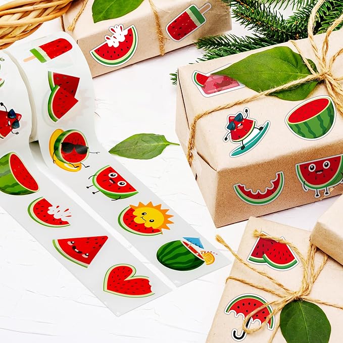 beyumi summer watermelon roll stickers - 1000pcs watermelon stickers in 2 rolls waterproof vinyl juice popsicle fruit decals for phone laptop bottle notebook luggage computer envelope decor for kids