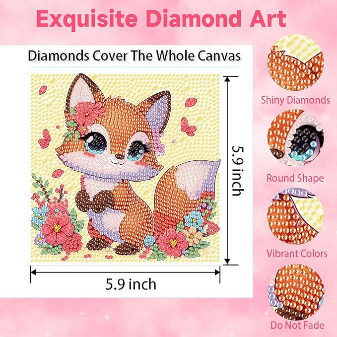 Fox Diamond Art Painting Kits for Kids with Frame, Animal Diamond Art for Kids Ages 4-8-12 with Frame, Easy Small Cute Gem Painting Kit for Gift Home Wall Decoration (7x7 inch)