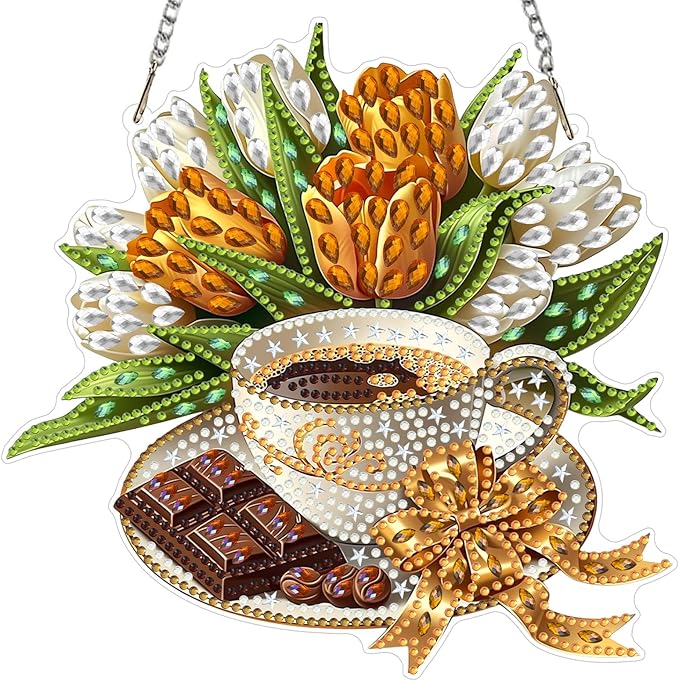 MXJSUA Coffee Tulips Diamond Painting Art Window Suncatchers, Diamond Art Kits for Adults Hanging Ornaments with Chain, 5D Special Shape Crystal Diamond Pendant Accessories for Decor Gift 8x8 Inch