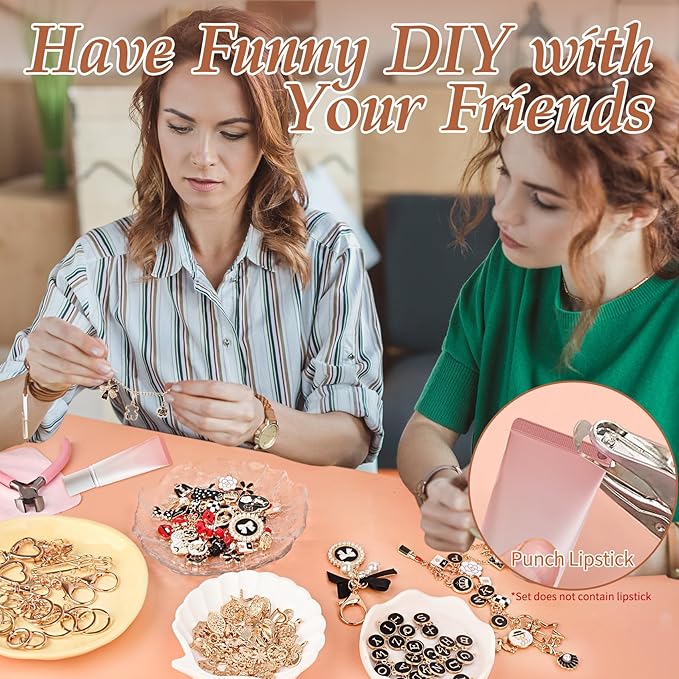 Prdingfy 477Pcs Lip Gloss Keychain Making Kit with Plier & Puncher, DIY Bag Charm & Bracelet Making Supplies, Alphabet Charms & Key Hooks for Personalized Gifts & Small Business
