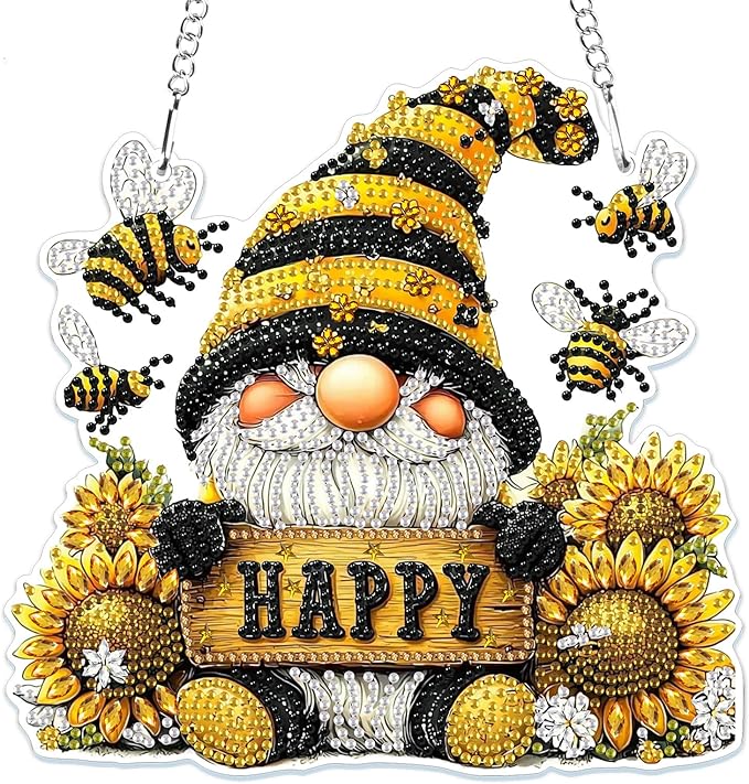 MOGTAA Gnomes Diamond Art Hanging Pendant Kits, 5D Special Shape Diamond Art Kits for Adults, Crystal Rhinestones Sunflowers Diamond Painting Bee Gem Art for Home Garden Wall Decor