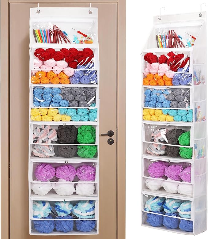 Hanging Yarn Storage Organizer, Large Capacity Knitting Organizer Storage with 6 Zipper Closure Compartments, Over the Door Hanging Yarn Holder for Knitting Needles Crochet Kit Crochet Hooks