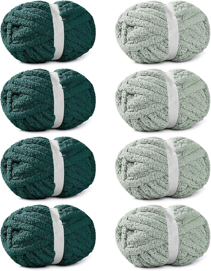 8 Pack Chunky Yarn for Hand Knitting, Chunky Chenille Yarn, Super Bulky Chunky Knit Blanket Yarns Jumbo Big Thick Chunky Yarns for Crocheting, 4 Green & 4 Dark Green(27yds,7.97 oz Each Skein)