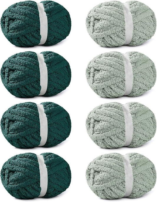 8 Pack Chunky Yarn for Hand Knitting, Chunky Chenille Yarn, Super Bulky Chunky Knit Blanket Yarns Jumbo Big Thick Chunky Yarns for Crocheting, 4 Green & 4 Dark Green(27yds,7.97 oz Each Skein)