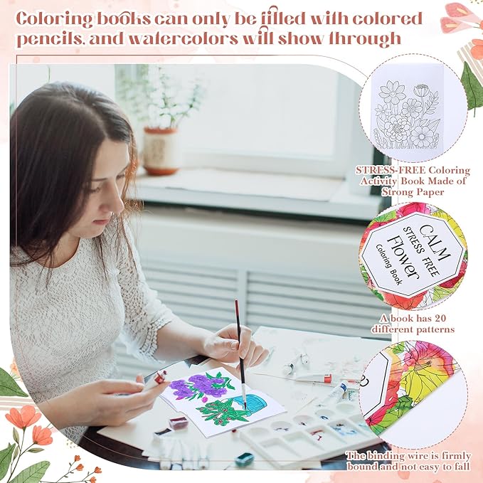 Liliful 72 Pcs Flower Coloring Book Bulk for Adult Calm Supplies DIY Art Stress Relief Drawing Book with Colorful Flower Patterns Favors Goodie Bag Filler and Holiday Gifts