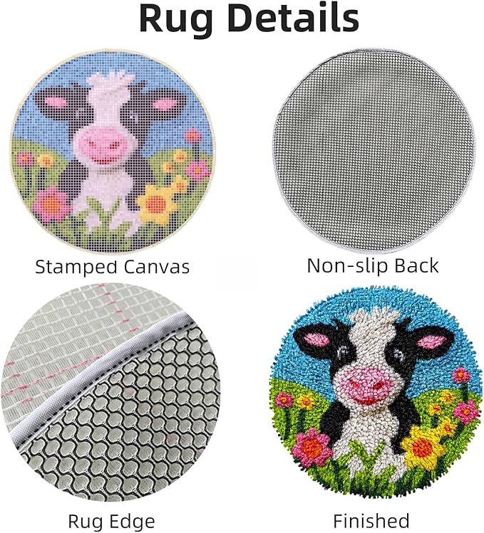 DIY Latch Hook Rug Kits Dairy Cow in Flower Easy for Beginners Children Round Carpet Crochet Yarn Craft Mini Rug Hook and Latch Tapestry for Home Decor 30x30cm-2