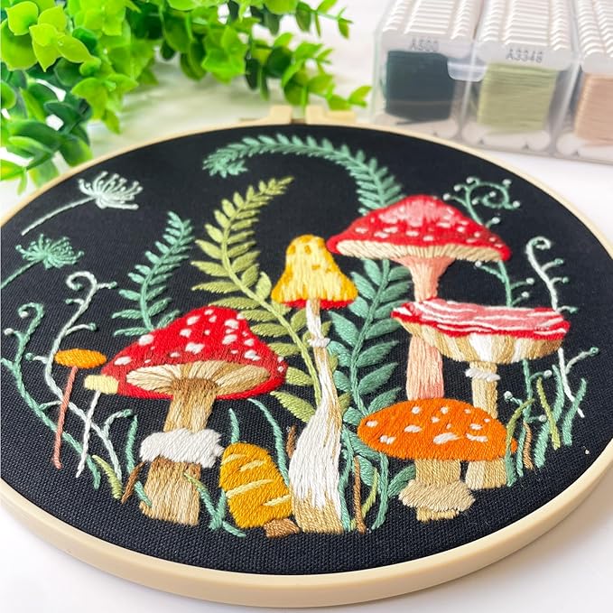 Silentsea Embroidery Kit, Floral and Nature Designs, 3-Pack with Hoops, Needlework Pattern Set (Mushroom)