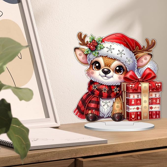 VODAPYC Christmas Reindeer Diamond Art Tabletop Painting Kit, DIY Stand Up Double Sided Special Shaped Diamond Painting Desktop Ornament(Christmas Reindeer)