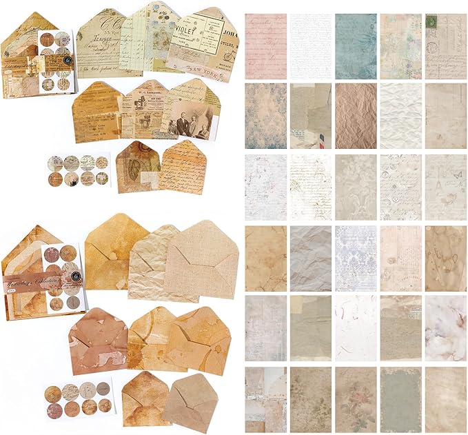 92 Pieces Mini Stationery Paper Envelopes and Sealing Sticker Set, 60 Vintage Writing Scrapbook Papers with 16 Matching Envelopes and 16 Round Seal Sticker