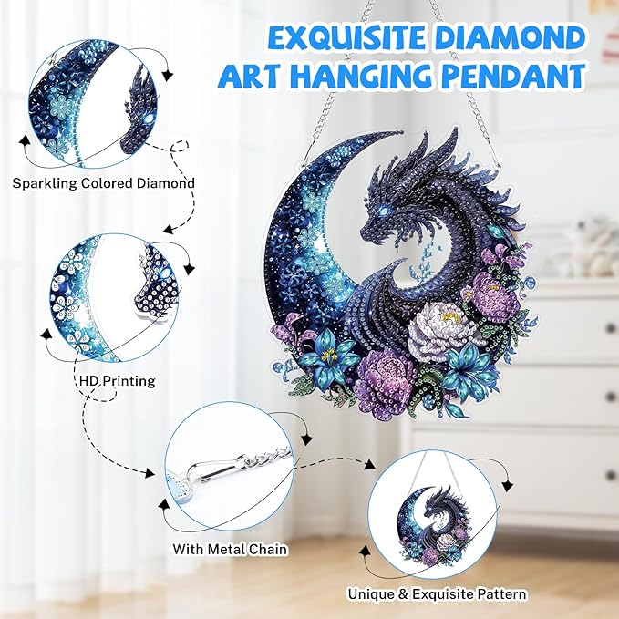Bowetile Dragon Diamond Art Hanging Kits for Adults, 5D Special Shape Diamond Painting Flowers Pendant Kits, Gem Art Suncatchers Painting Window Ornament for Home Garden Wall Decor