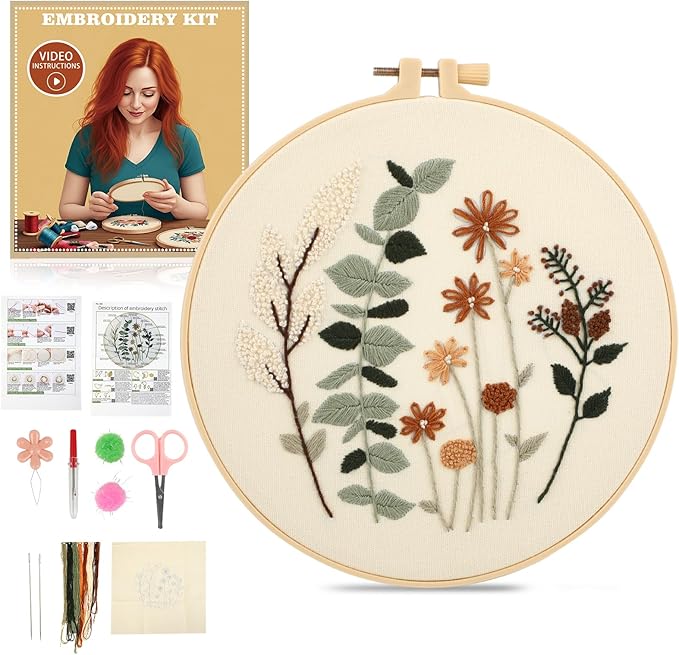 JOINRUN Embroidery Kit for Beginners Adults, Cross Stitch Kits, Includes Embroidery Patterns, Color Threads, Full Range Accessories, Easy to Follow Instruction and Video (Flower)
