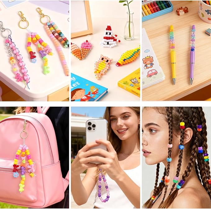 1000Pcs Pony Beads for Bracelets, Colourful Plastic Pony Beads Bulk, 6×9mm Friendship Shape Bead for Jewelry Making Heart Bow Tie Star for DIY Hair Braiding Keychains Necklaces Crafts Party Supplies