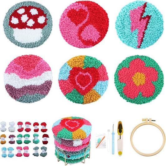 AIRDEA Punch Needle Drink Coasters Kit,Casual Punch Needle Embroidery Complete Kits for Beginner 3.29x3.29 Inches,Included All Accessories,DIY Car Coasters (red Green)