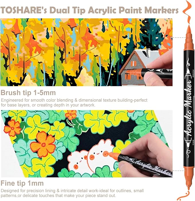 100 Colors Acrylic Paint Markers Waterproof Dual Tip Acrylic Paint Pens with Brush & Fine Tip Professional Marker Set Scrapbook Markers for Paper Rock Wood Fabric Glass Ceramic and DIY Crafts