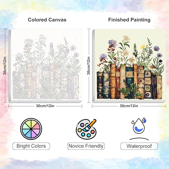 Yezavesu Framed Paint by Numbers Kit for Adults Beginner, 12x12 Inch Book Paint by Numbers Without Easel, DIY Number Painting for Adults Flowers for Home Wall Decor Gift