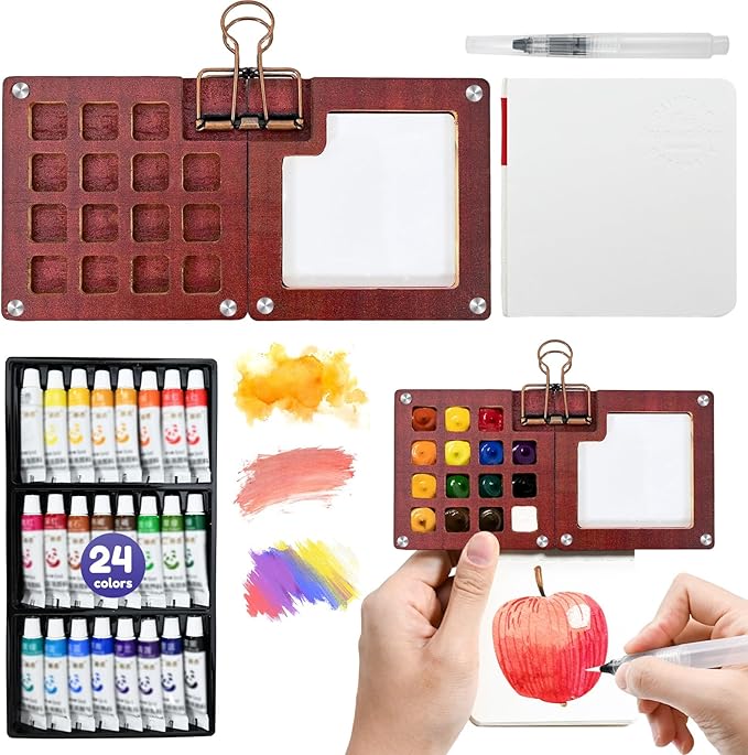 Mini Watercolor Travel Set – 24 color Paints, 15 Grids Portable Wooden Travel Palette, Brush, Sketchbook, Metal Clip – Perfect for Artists, Students Ideal for Outdoor Sketching