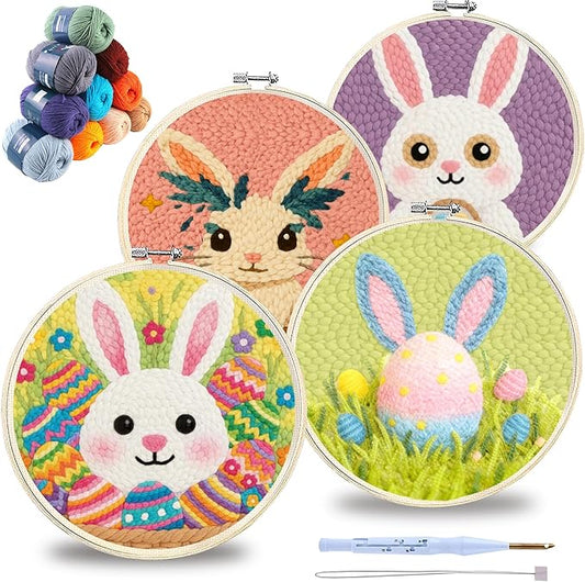 QBQBQ 4 Sets Easter Punch Needle Kits Adults Beginner, Easter Embroidery Kit with Printed Pattern and Bamboo Hoop, Festival Gift and Decoration