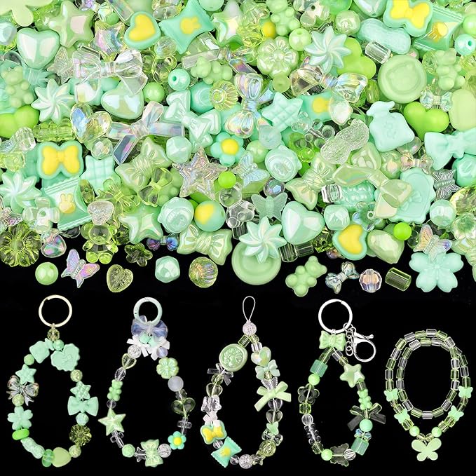 200-260pcs tinkrstuff assorted acrylic beads green cute beads for bracelet making, bow aesthetic gummybear flower candy butterfly kawaii charms for jewelry making diy necklace keychain phone charm